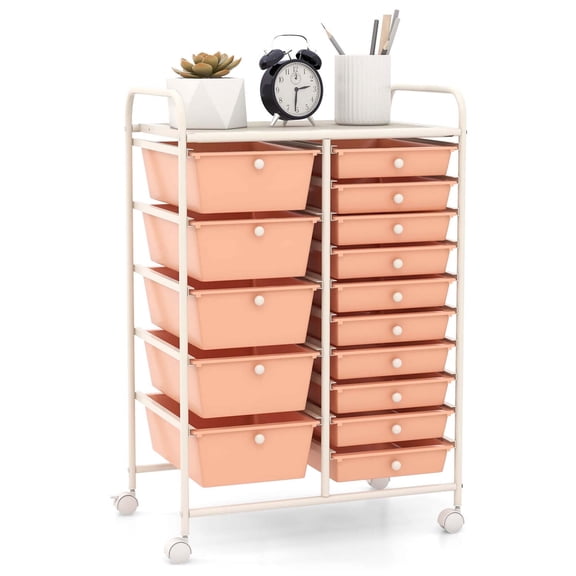 Costway 15 Drawer Rolling Storage Cart Tools Scrapbook Paper Office School Organizer Peach Fuzz