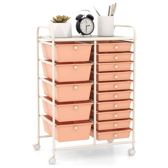 Costway 15 Drawer Art & Craft Rolling Storage Cart Tools Scrapbook Paper Office School Organizer Peach Fuzz