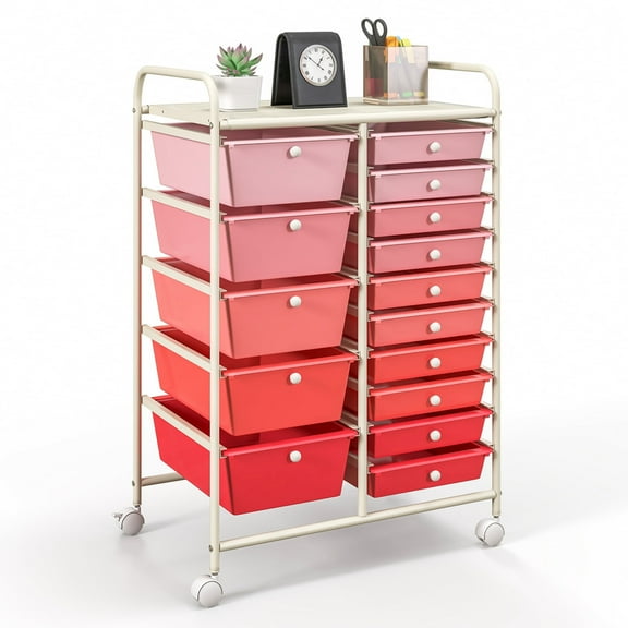 Costway 15 Drawer Rolling Storage Cart Tools Scrapbook Paper Office School Organizer Pink