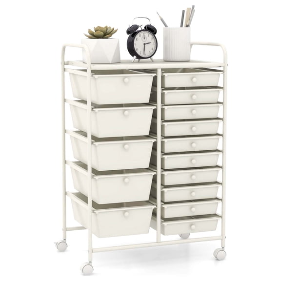 Costway 15 Drawer Rolling Storage Cart Tools Scrapbook Paper Office School Organizer White