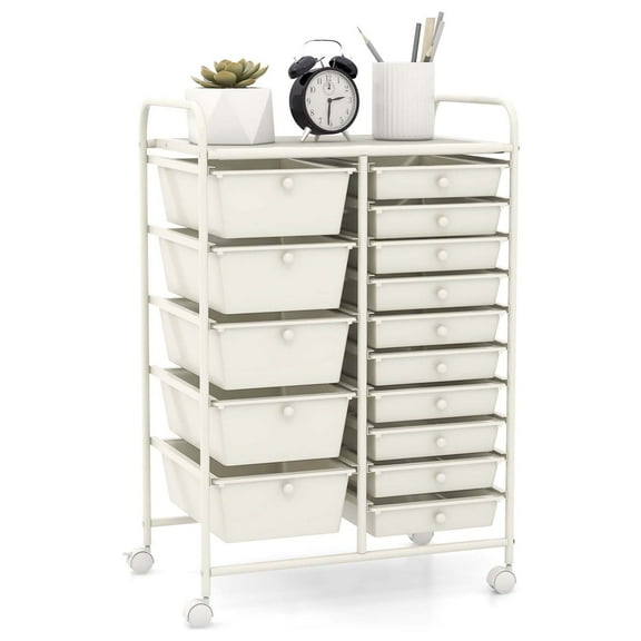 Costway 15 Drawer Rolling Storage Cart Tools Scrapbook Paper Office School Organizer White