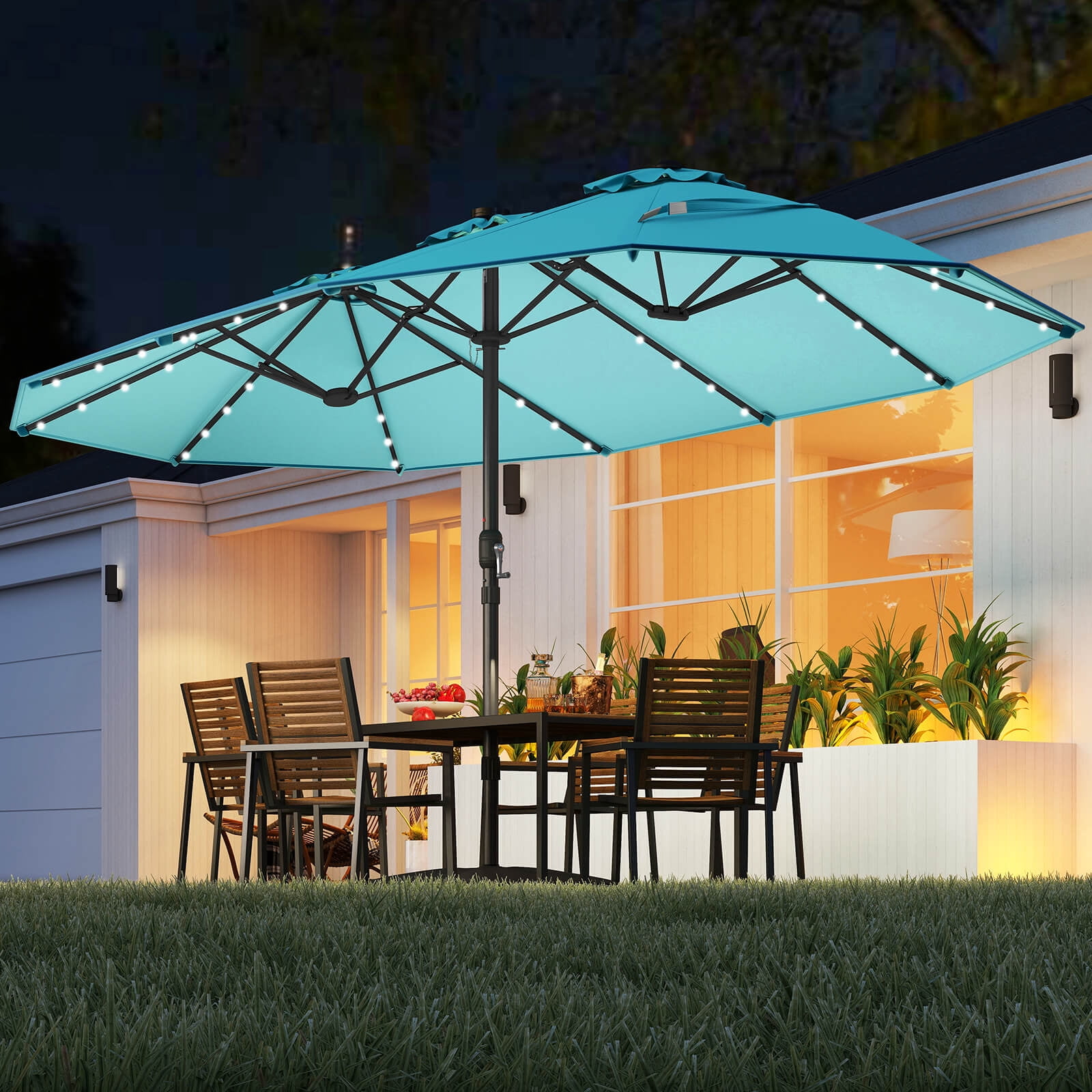 Costway 15 Ft Patio Double-Sided Solar LED Market Umbrella Crank 36 Lights Base Turquoise