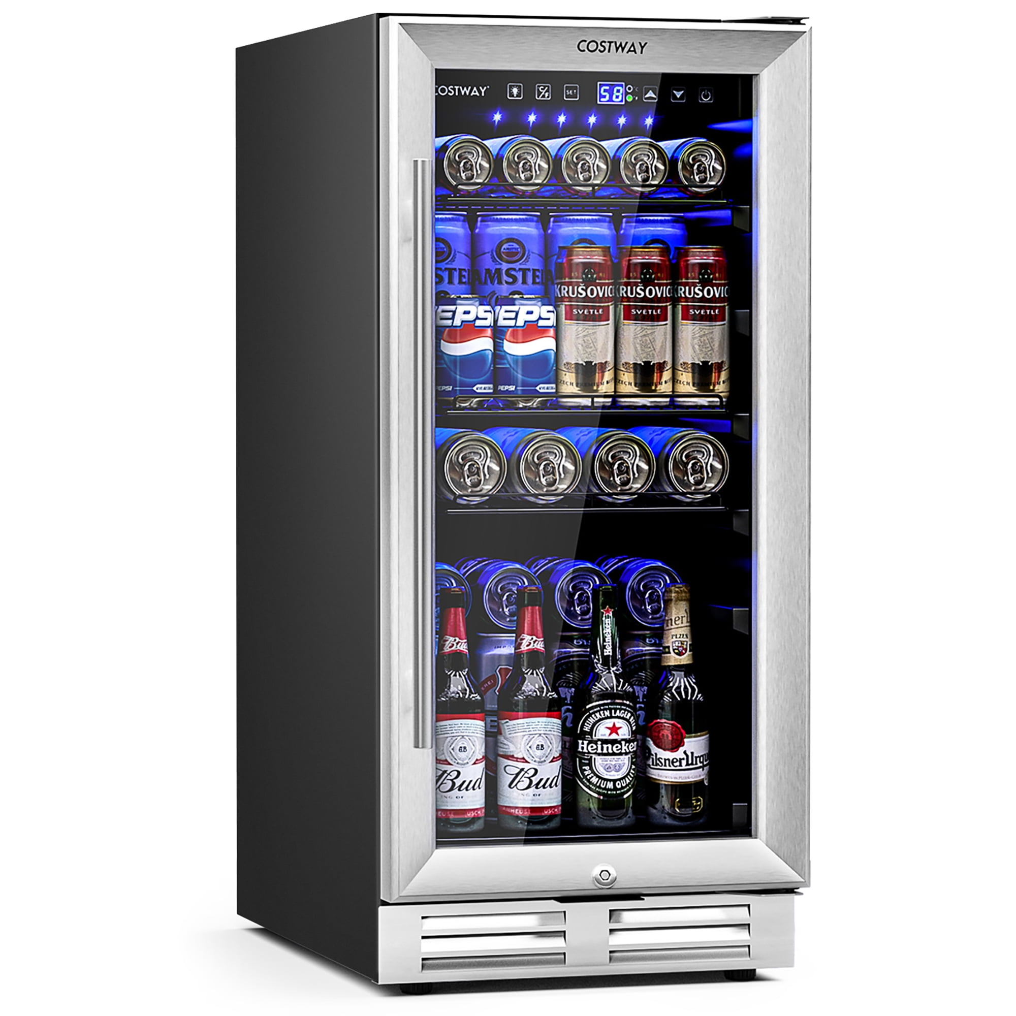 Silver 15-Inch Beverage Cooler with LED Lights and Adjustable Shelves