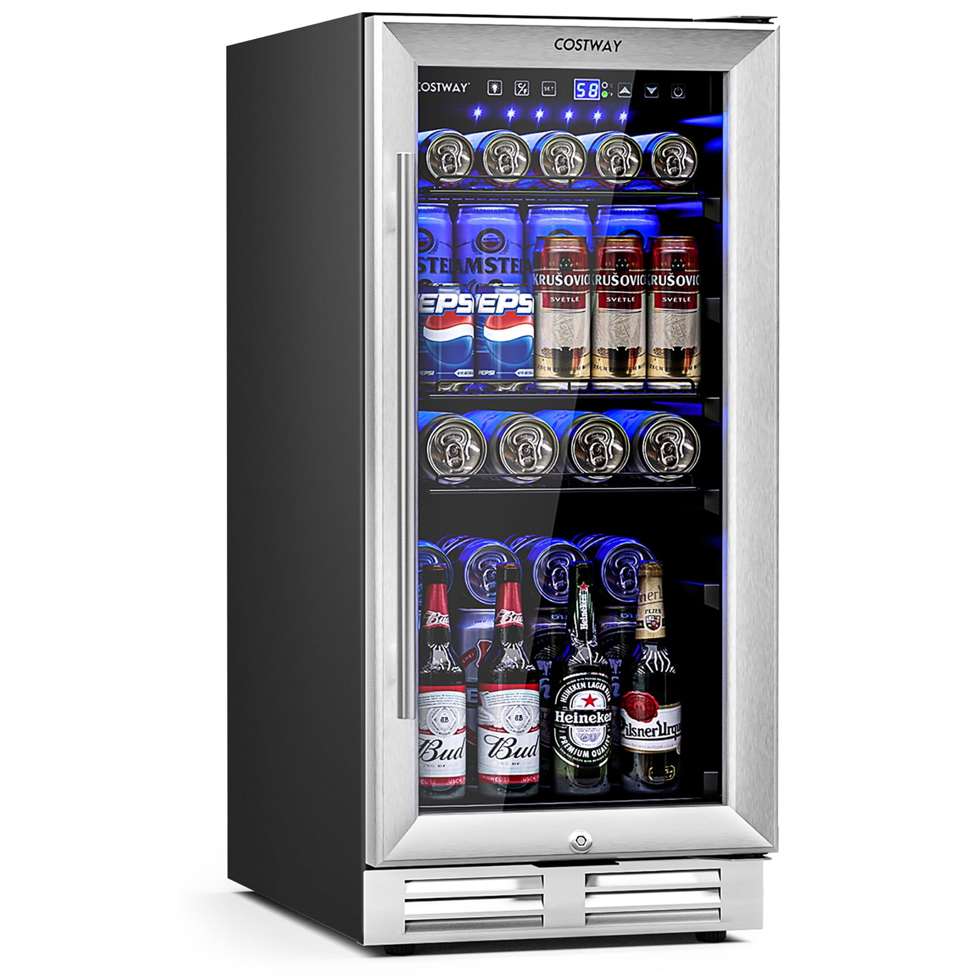 15 Inch 100 Can Built-in Freestanding Beverage Cooler Refrigerator with  Adjustable Temperature and Shelf - Costway