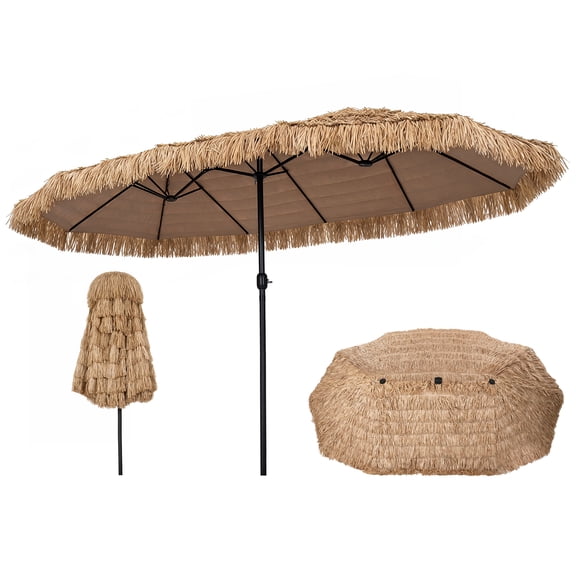 Costway 15 x 9 FT Double-sided Thatched Tiki Patio Umbrella Extra-Large Tropical Palapa