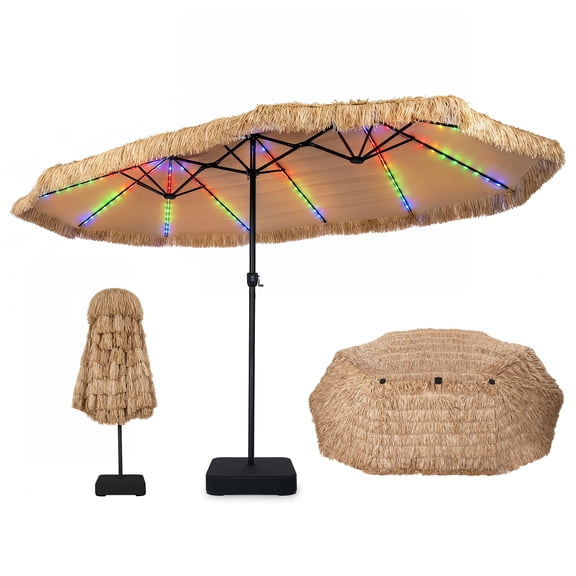 Costway 15 x 9 FT Solar Double-sided Patio Umbrella with 144 Multi-colored Flowing Lights