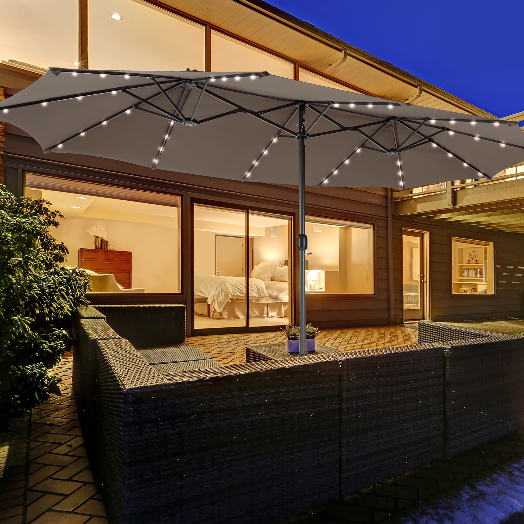 15ft Coffee Double-Sided Steel Market Patio Umbrella with Solar LED Lights
