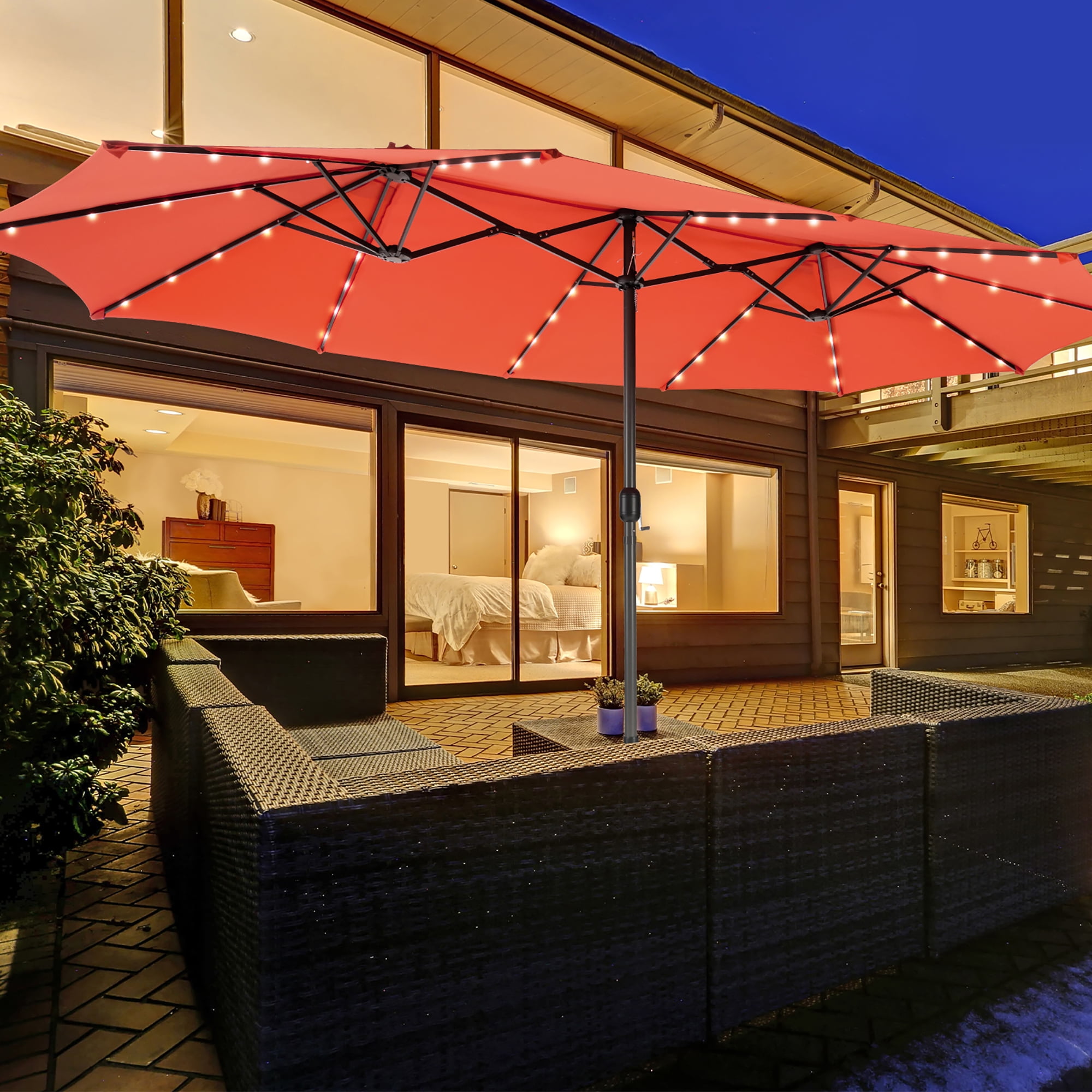 Costway 15FT Twin Patio Double-Sided Umbrella 48 Solar LED Lights Crank  Outdoor Orange - Walmart.com