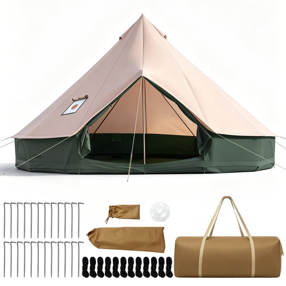 Costway 16.7 ft Bell Tent with Stove Jack, Mesh Windows & Doors, Accommodates 6-8 Person Khaki & Green