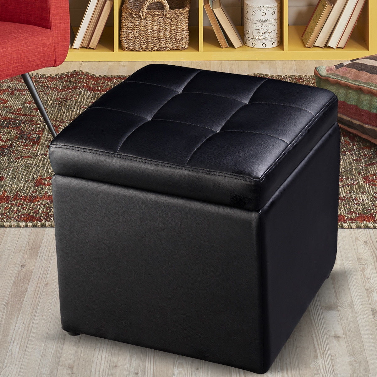Costway 16 Cube Ottoman Pouffe Storage Box Lounge Seat Footstools with Hinge Top Ideal for Blanket Storage Black Walmart