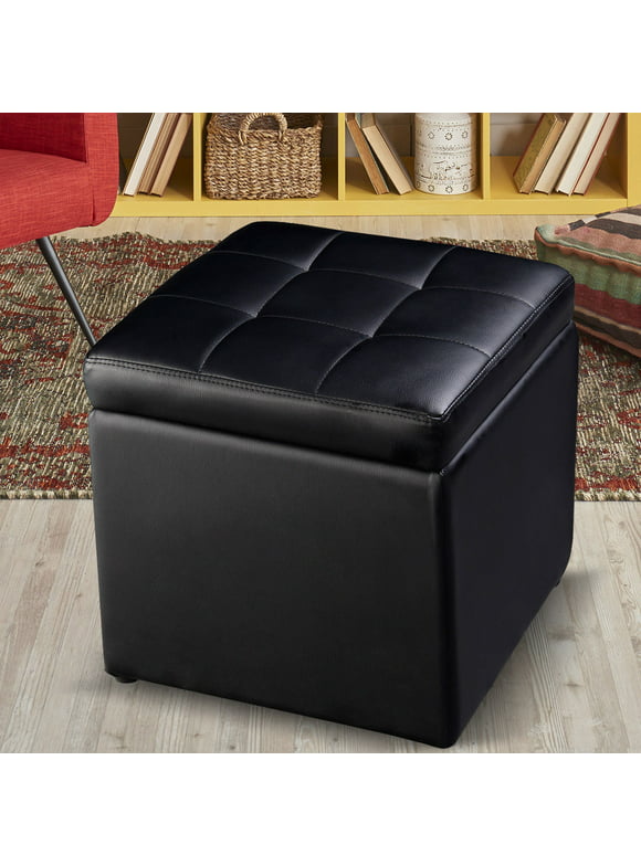 Costway 16''Cube Ottoman Pouffe Storage Box Lounge Seat Footstools with Hinge Top black