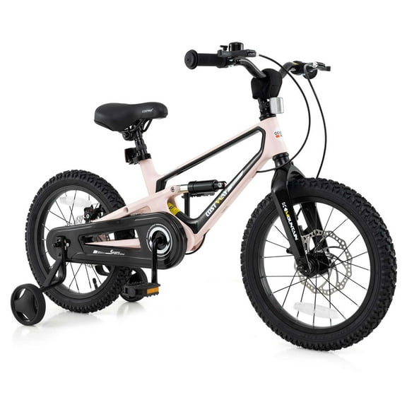 Costway 16 Inch Children Bicycle with Training Wheels & Double Disc Brakes Adjustable Seat Light Magnesium Alloy Pink