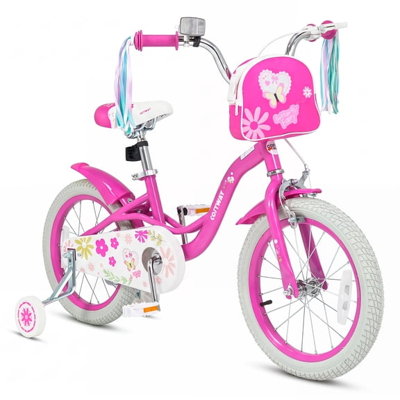 Costway 16 Inches Girls Bike with Front Bag, Children Training Bicycle for 4-7 Years Old Pink