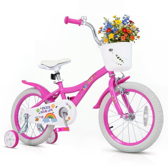 Costway 16 Inches Girls Bike with Removable Training Wheels, Front Basket for 3-8 Years Old Pink