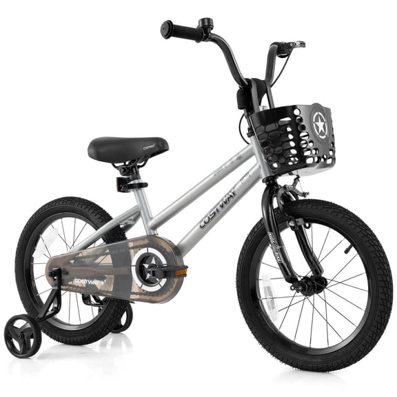 Costway 16" Kid’s Bike with Training Wheels Adjustable Handlebar & Seat Handbrake Silver