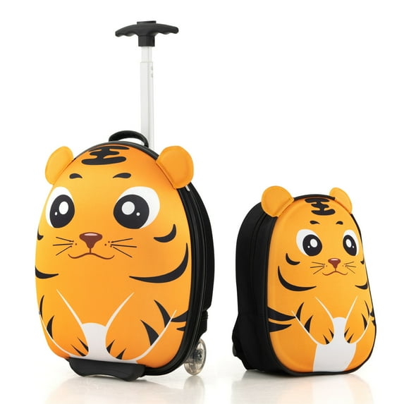 Costway 2PCS Kids Carry On Luggage Set 16'' Tiger Rolling Suitcase with 12'' Backpack Travel Yellow