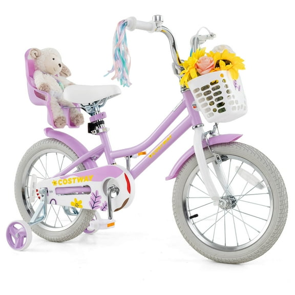 Costway 16" Kids Bicycle with Basket Doll Seat Colorful Streamers Training Wheels Purple