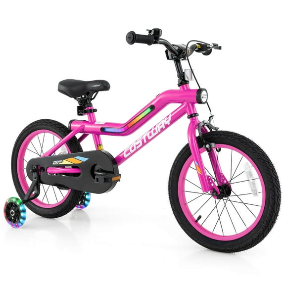 Costway 16" LED Lighted Kids Bike with Adjustable Seat Coaster Brake Training Wheels Pink
