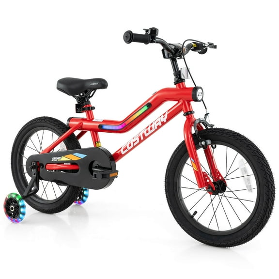 Costway 16" LED Lighted Kids Bike with Adjustable Seat Coaster Brake Training Wheels Red