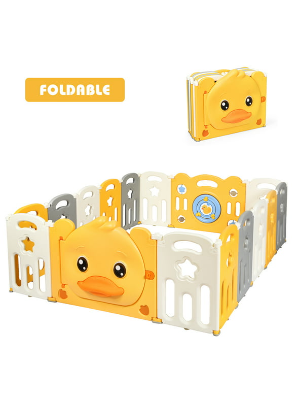 Costway 16-Panel Foldable Unisex Baby Playpen Kids Yellow Duck Yard Activity Center w/  Sound