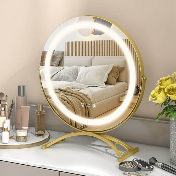 Costway 16" Round Makeup Vanity Mirror 3 Color Dimmable Lights Memory Function Gold