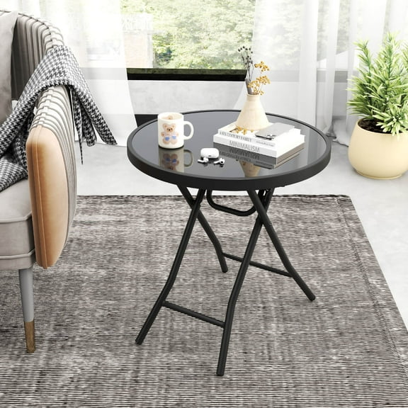 Costway 18" Folding Side Table Round Compact Coffee Table with Tempered Glass Tabletop Black