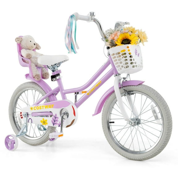 Costway 18 Inches Kids Bicycle w/ Basket Doll Seat Colorful Streamers Training Wheels Purple
