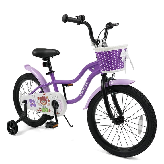 Costway 18” Kids Bicycle, Toddler Balance Bike with Training Wheels Handbrake Coaster Brake Purple