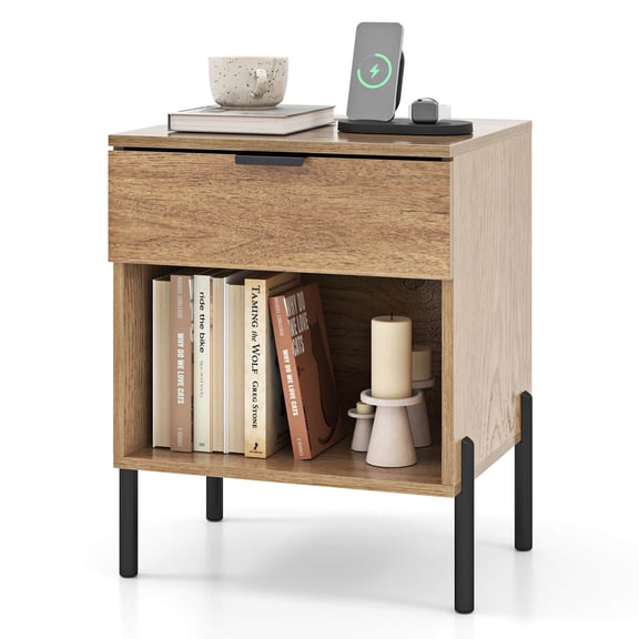 Costway 1PC Nightstand with Charging Station Drawer Compartment Modern Side End Table