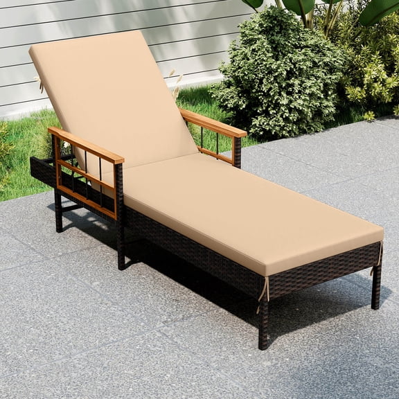 Costway 1PCS Patio Rattan Chaise Lounge Outdoor Reclining Lounger Chair with Wood Armrests Mix Brown,Beige