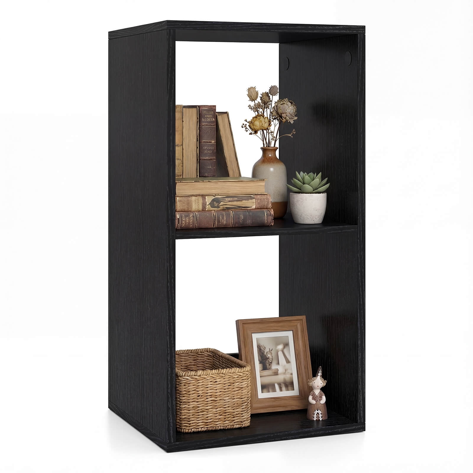 Costway 2-Cube Bookshelf, Modern Vertical Bookcase with Back Guardrail&Anti-tipping Kits Black
