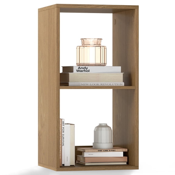 Costway 2-Cube Bookshelf, Modern Vertical Bookcase with Back Guardrail&Anti-tipping Kits Natural