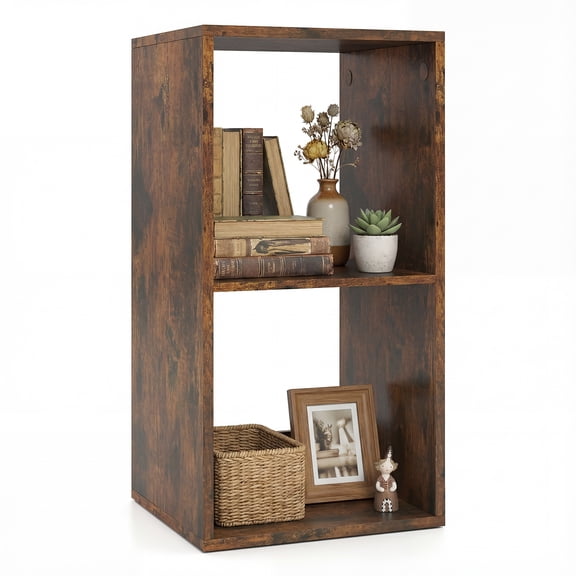 Costway 2-Cube Bookshelf, Modern Vertical Bookcase with Back Guardrail&Anti-tipping Kits Rustic Brown