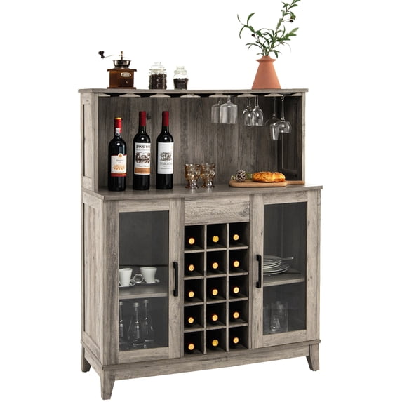 Costway 2-Door Buffet Bar Cabinet Kitchen Storage Sideboard Wine Rack Glass Holder Grey