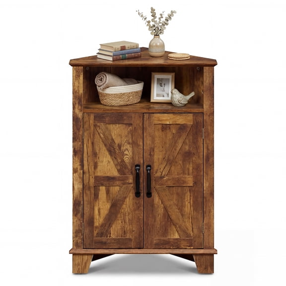 Costway 2-Door Sideboard Organizer Cabinet with Open Storage & Adjustable Shelf for Living Room Rustic Brown