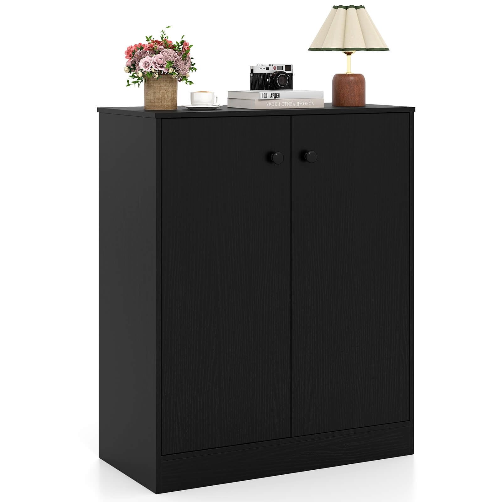 Costway 2-Door Storage Cabinet Freestanding Storage Organizer with 3-Tier Shelf Entryway Black