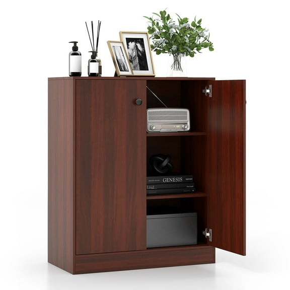 Costway 2-Door Storage Cabinet Freestanding Storage Organizer with 3-Tier Shelf Entryway Brown