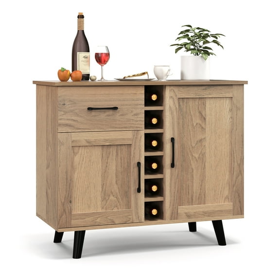 Costway 2-Door Wine Bar Cabinet Kitchen Sideboard Buffet with Drawer & Adjustable Shelves Natural