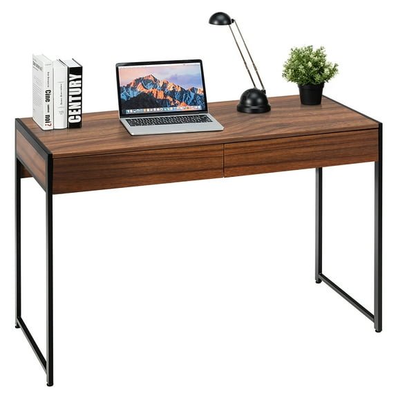 Costway 2-Drawer Computer Desk Study Table Writing Workstation Home Office Brown