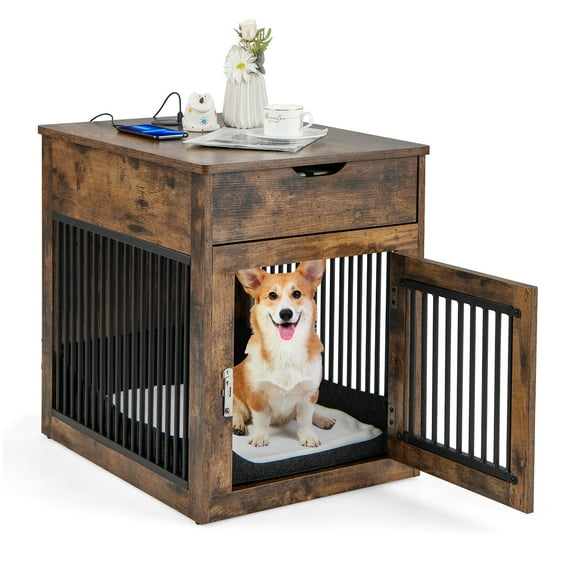 Costway 2-In-1 Furniture Dog Crate with Drawer Wired & Wireless Charging Side End Table