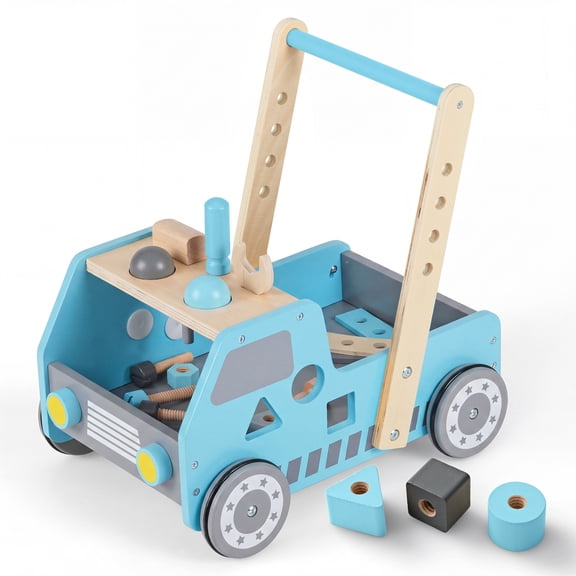 Costway 2-In-1 Montessori Wooden Baby Walker with Learning Activities Adjustable Speed Blue