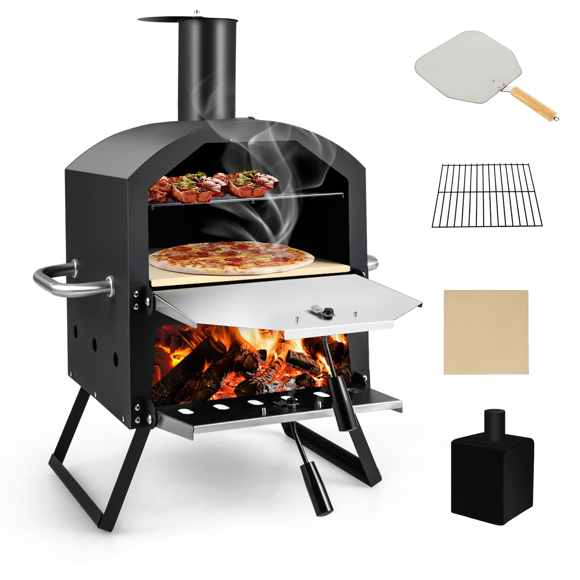 Costway 2-Layer Pizza Oven Wood Fired Pizza Grill Outside Pizza Maker with  Waterproof Cover - Walmart.com