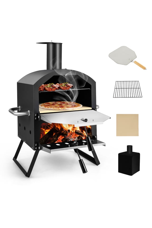 2-Layer Pizza Oven Wood Fired Pizza Grill Outside Pizza Maker with Waterproof Cover