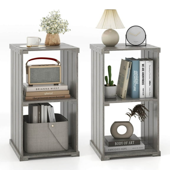 Costway 2 PCS 2-Cube Storage Shelf Slatted Paulownia Wood Cubic Organizer with Open Back Gray