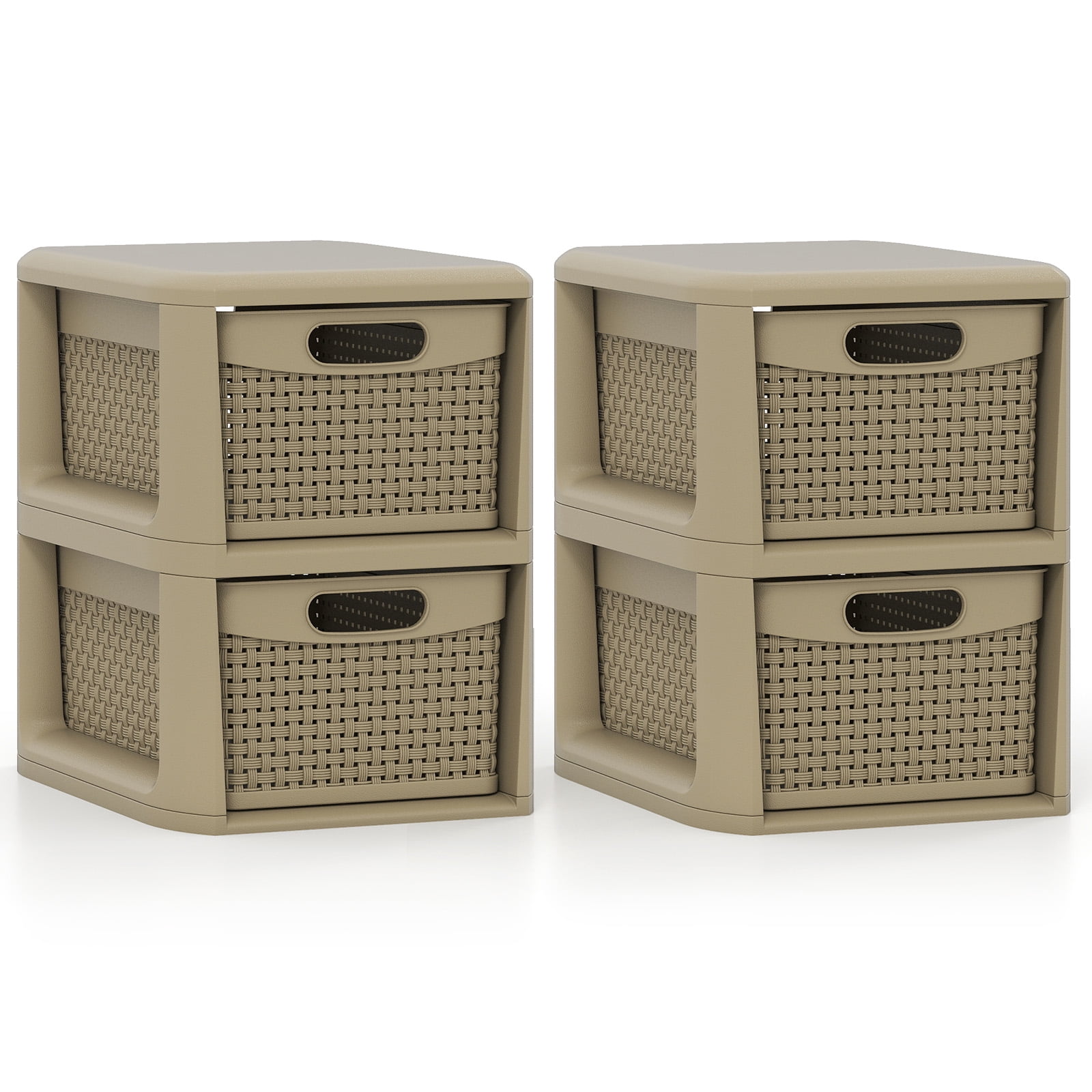 Costway 2 PCS 2-Drawer Storage Cabinet with Wicker Patterns, Handles for Bedroom, Bathroom Tan