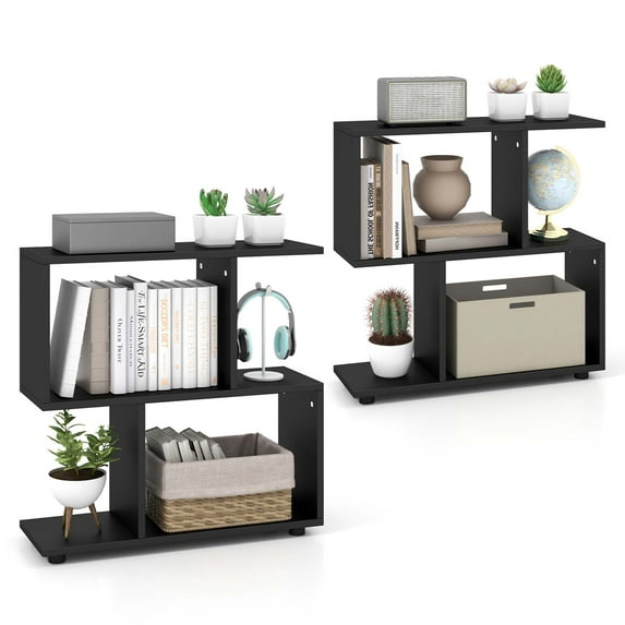 Costway 2 PCS 2-Tier Bookshelf Free Standing Wooden Display S-Shaped Shelf Storage Rack Black