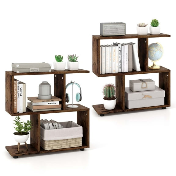 Costway 2 PCS 2-Tier Bookshelf Free Standing Wooden Display S-Shaped Shelf Storage Rack Brown