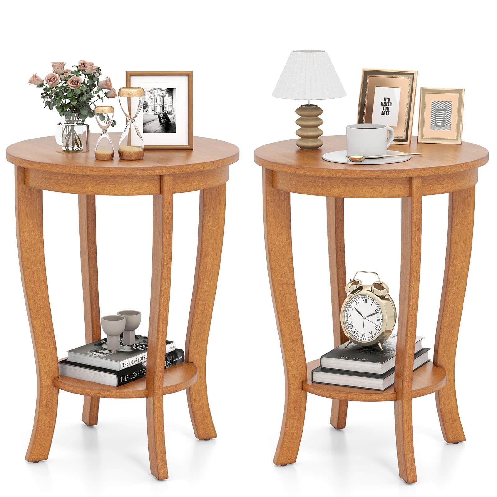 Costway 2 PCS 2-Tier End Table 18" Round Compact Sofa Side Nightstand with Storage Shelf Light Brown