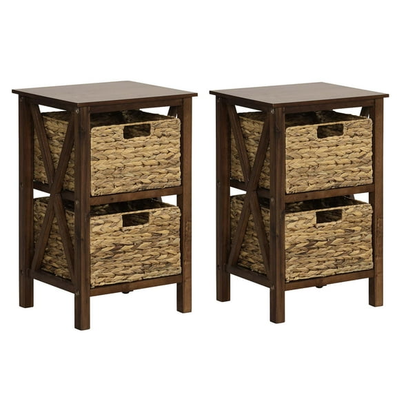 Costway 2 PCS 2-Tier Nightstand with 2 Seagrass Baskets Rubber Wood X-Shaped Frames 2 Drawers