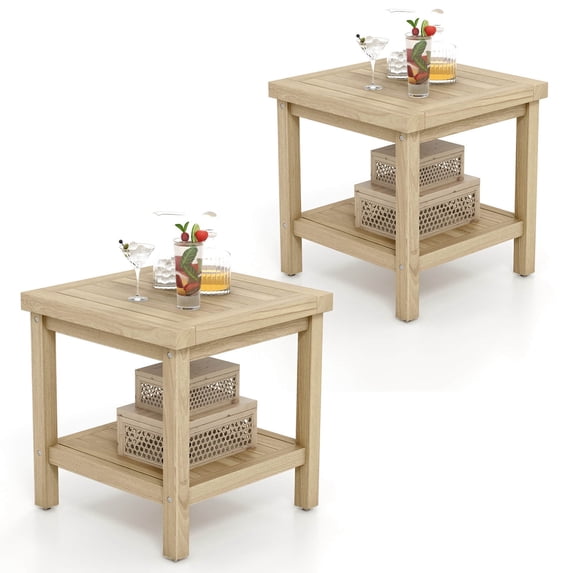 Costway 2 PCS 2-Tier Outdoor Side Table, Teak Wood End Table with Storage Shelf Natural